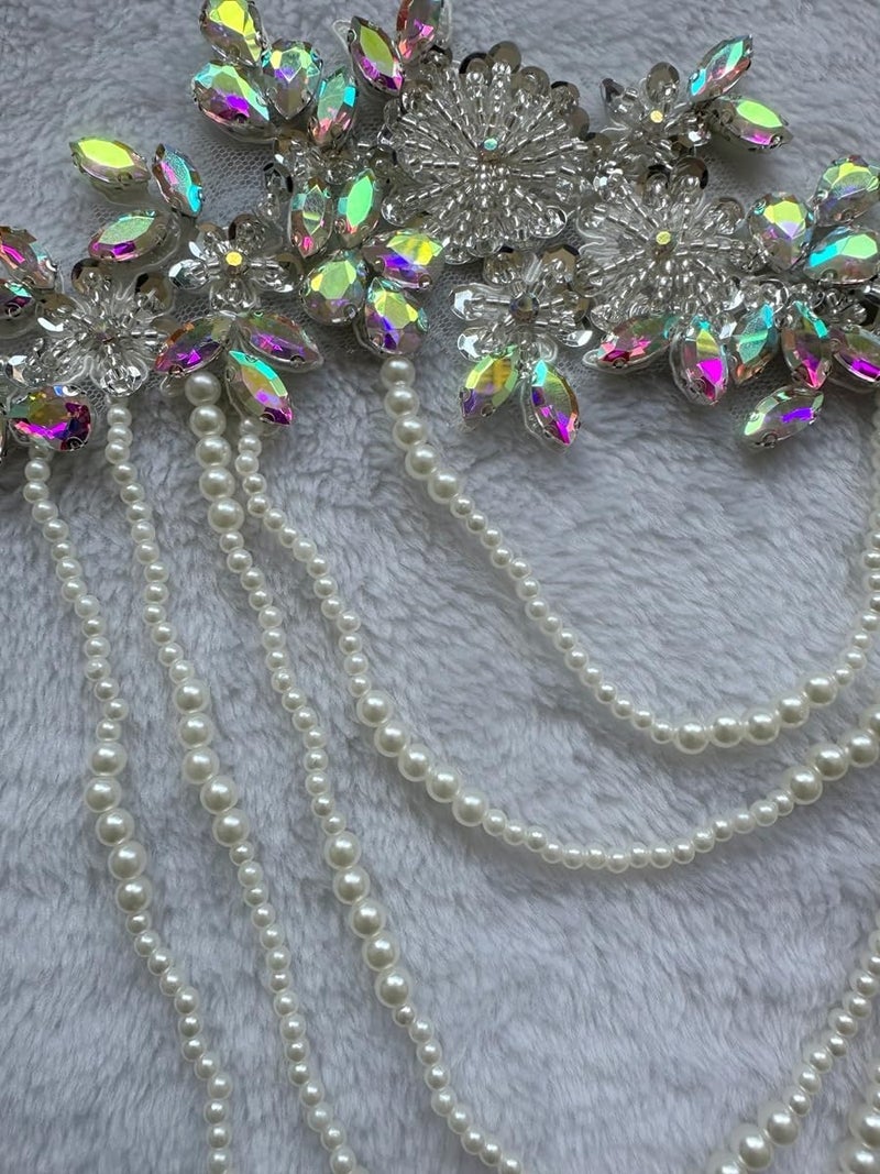 wtbvn 1 Pair Beaded Rhinestones Applique Embellishment for Clothes Epaulettes Shoulder Patches Sew-on Diamond Sequin Tassels Applique for Wedding Dress DIY Accessories 9.8X10.2inches (Clear AB) - Image 4